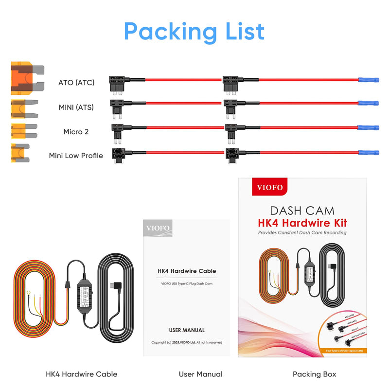 VIOFO HK4 Hardwire Kit with 8pcs Full Set Circuit Fuse Tap, Type-C Port, for A329 series/A229 series/A119Mini2/A139Pro/WM1/T130 Dash Cam