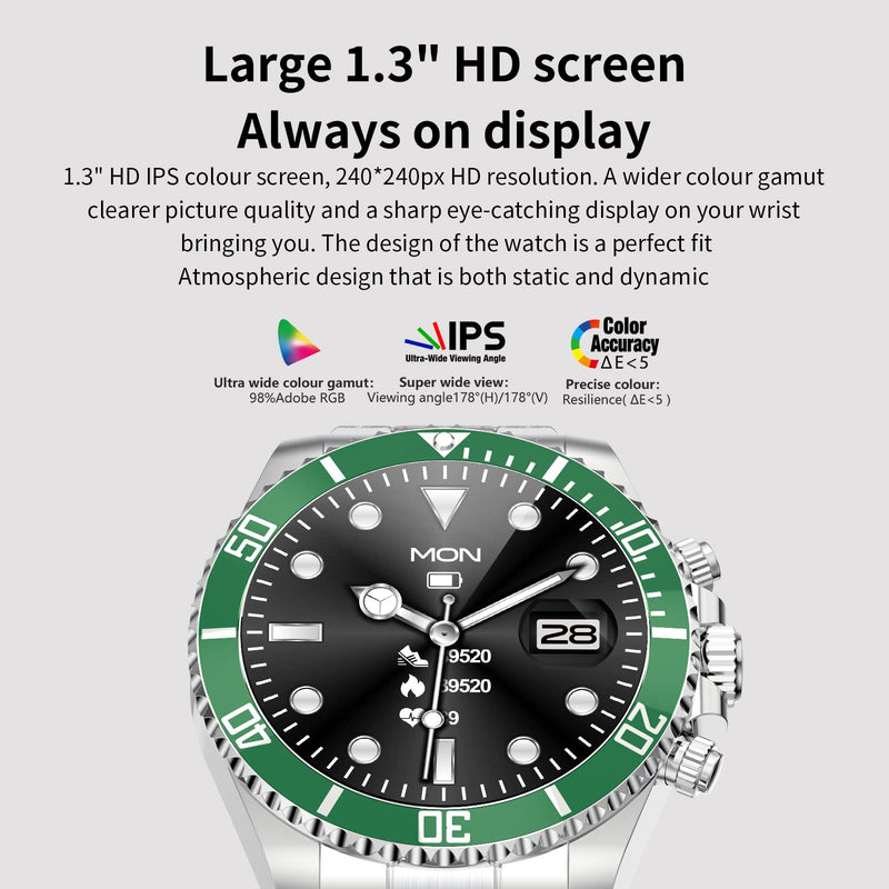 Loluka Smart Watch Bluetooth Call Sports Modes Message Reminder Smartwatch for Android Phones iOS Stainless Steel Business Watch Men green