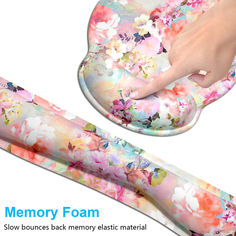 Dapesuom Keyboard Wrist Rest and Mouse Pad with Support, Memory Foam Rests for Set, Ergonomic Non Slip Base Easy Typing & Pain Relief, Peonies Floral, Pink Floral Pink Peonies Floral