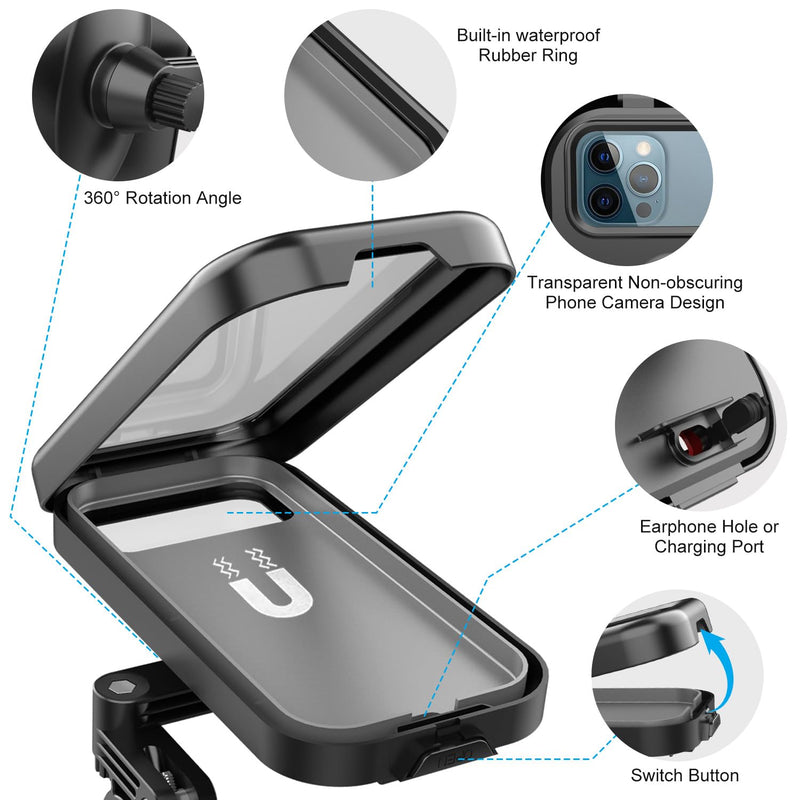 Bike Phone Holder Waterproof, Motorcycle Phone Mount, iPhone Bike Handlebar Mount, Double 360°Rotations, Compatibility with 18-35mm Handlebar and Suitable for 4.7-6.8 inch Smartphones
