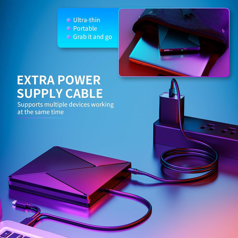 DVD Player for Laptop, External CD Drive for Mac, USB 3.0 USB C Portable CD Burner External Disk Drive, DVD Reader Writer ROM Drive Compatible with Laptop,Windows 10/8/7 Linux Standard+Carry Bag