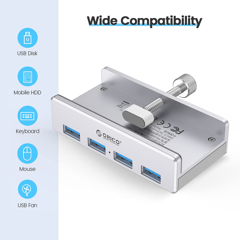 ORICO 4 Port USB 3.0 Hub Clamps on Monitor or Table, USB A/A and A/C Cable Included(4.92FT), Extra Power Supply Port, Space-Saving Mountable Aluminum USB Hub for iMac, All-in-One Desktop Computer 4 port + 2 Data Cable