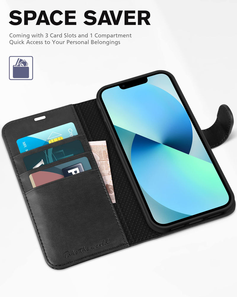 TUCCH Case for iPhone 13 Wallet Case, PU Leather Flip Folio Case with [Shockproof TPU Inner Shell], RFID Blocking Card Holder Kickstand Phone Cover Compatible with iPhone 13 6.1-inch 2021, Black