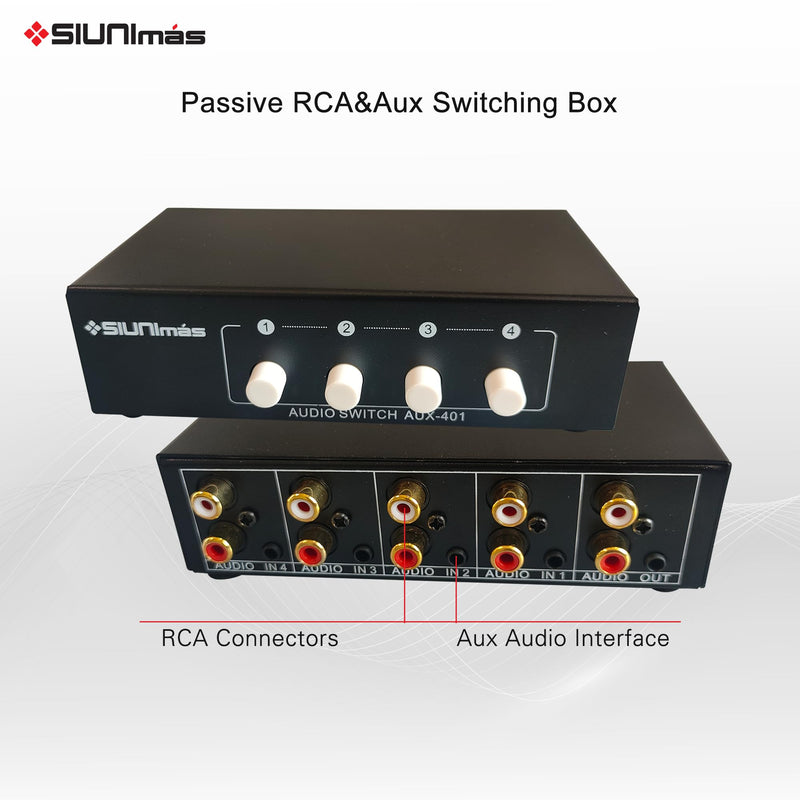 4-in 1-Out RCA and 3.5mm Aux Audio Receiver Switching Box 4 Channels Audio Converter Passive Audio Selector Switch Box 1-in 4-Out (S401-RCA AUX) S401-RCA AUX