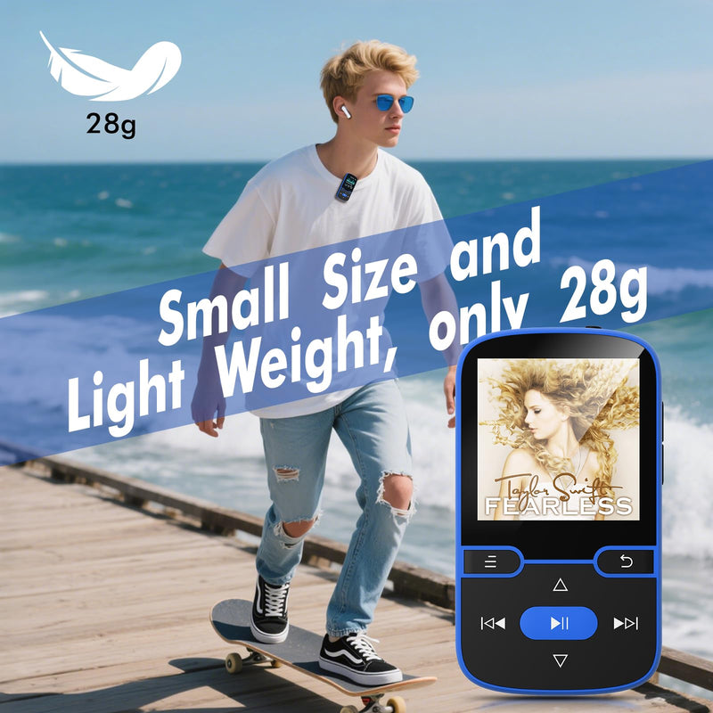 [AUSTRALIA] - 64GB MP3 Player with Clip Bluetooth 5.3 Portable Music Player for Kids with FM Radio, Pedometer, Voice Recorder, Shuffle and Repeat, Weighs Only 28g for Sport and Running, TF Card Up to 128G(Blue) Blue 64GB 