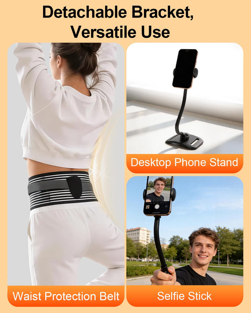 2 in 1 Waist Support Belt with Detachable Gooseneck Phone Holder | 360° Adjustable Flexible Phone Mount, Fits 4.7-6.9" Phone, Foldable & Portable for Live Stream Cooking Recording
