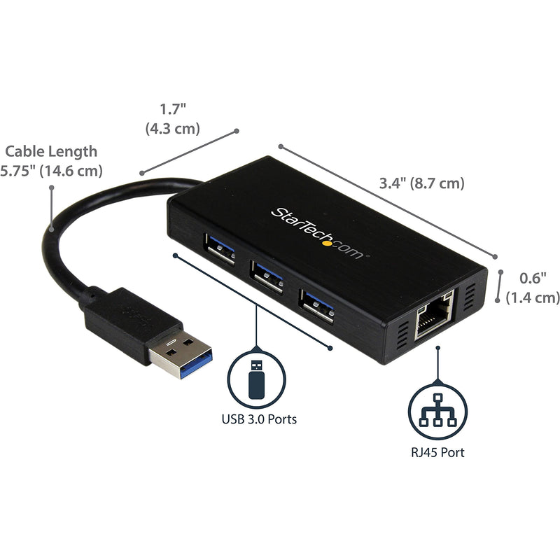 StarTech.com USB 3.0 Hub with Gigabit Ethernet Adapter - 3 Port - NIC - USB Network / LAN Adapter - Windows & Mac Compatible (ST3300GU3B) Black w/ 3 USB Ports
