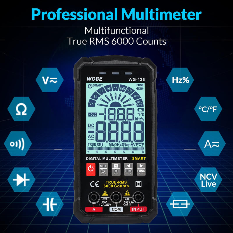 [AUSTRALIA] - WGGE Digital Multimeter Voltmeter Smart Electrical Tester Measures Voltage Current Resistance Continuity Duty-Cycle Capacitance Temperature Frequency Auto Ranging 6000 Counts TRMS 