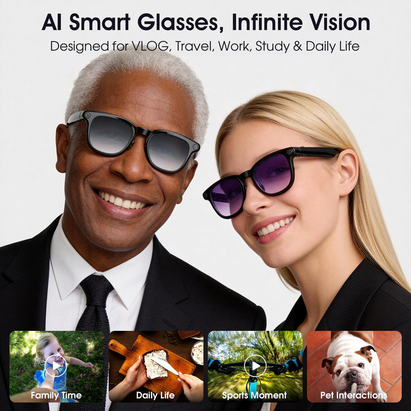 AI Smart Glasses with Camera, 4K Video Recording Camera Glasses for Travel | AI Sunglasses for Women Men, Life Vlog Work, Real-Time Translation, Voice Assistant, Hands-Free Calls, Open-Ear Audio, 3 Lens Lacquer Black