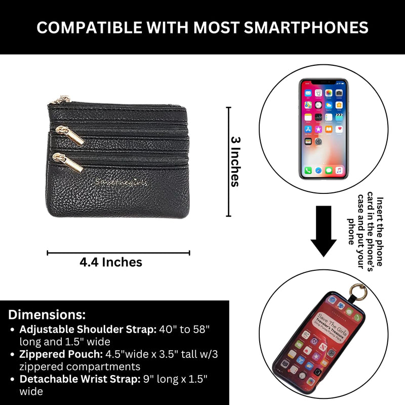 Save the Girls Clip & Go Phone Lanyard Crossbody Strap with Wallet, Black | Crossbody Cell Phone Lanyard Strap with Zippered Wallet Pouch. Adjustable, Anti-Theft Hands-Free Phone Holder for Women. Black - Black Pouch