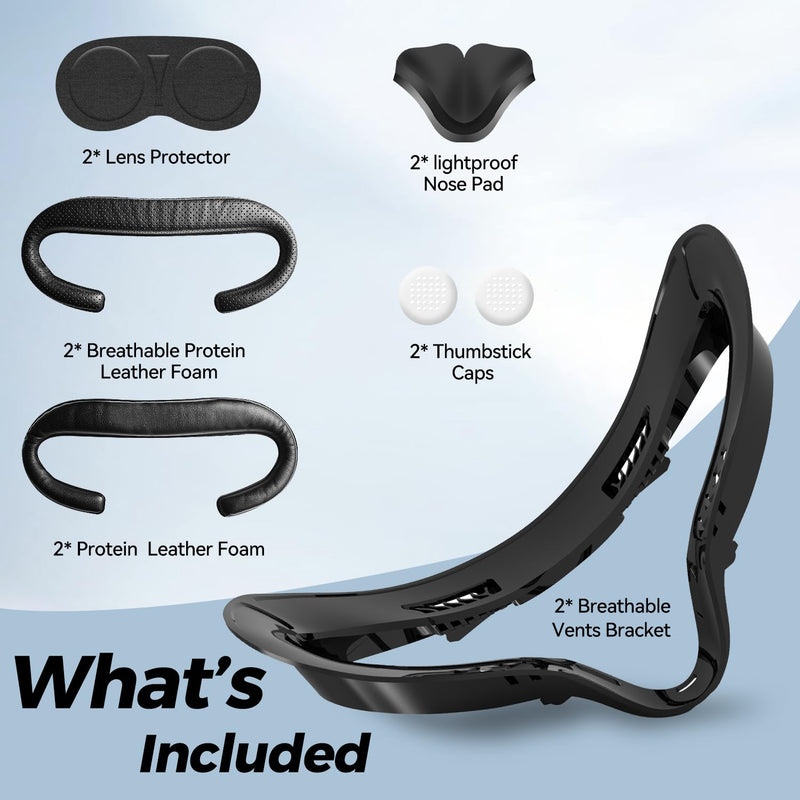 Face Pad for Oculus Quest 2, 2 Set VR Accessories for Meta Quest 2, Face Cover Replacement Set with Comfortable Leather Foam Face Cushion, Lens Cover, Nose Pad and Thumb Stick Caps