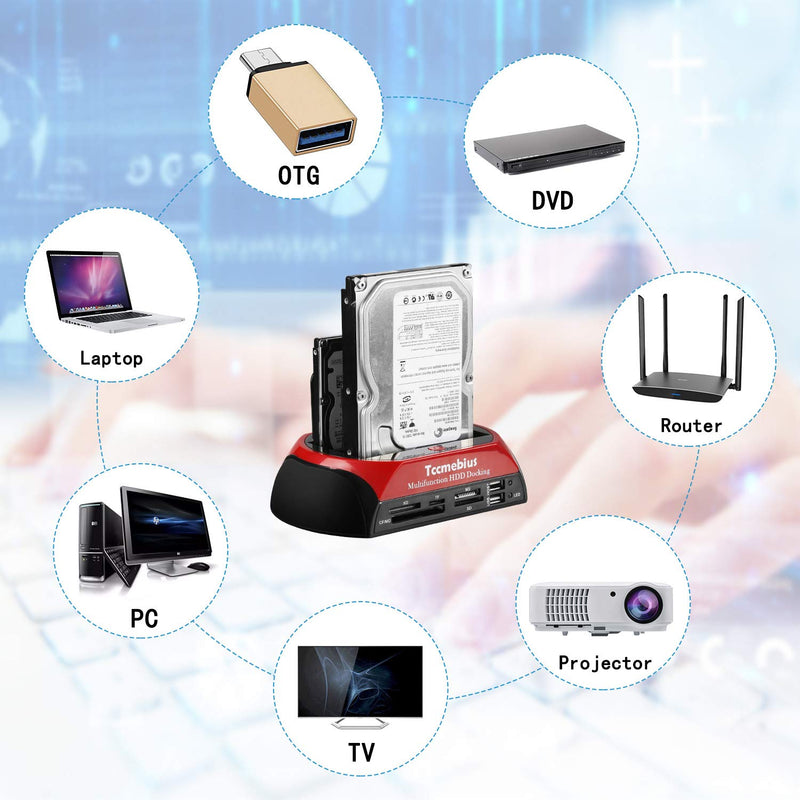 Hard Drive Docking Station, Tccmebius TCC-S862-US USB 2.0 to 2.5 3.5 Inch SATA IDE Dual Slots External Enclosure with All in 1 Card Reader and USB 2.0 Hub for 2.5" 3.5" IDE SATA I/II/III HDD SSD