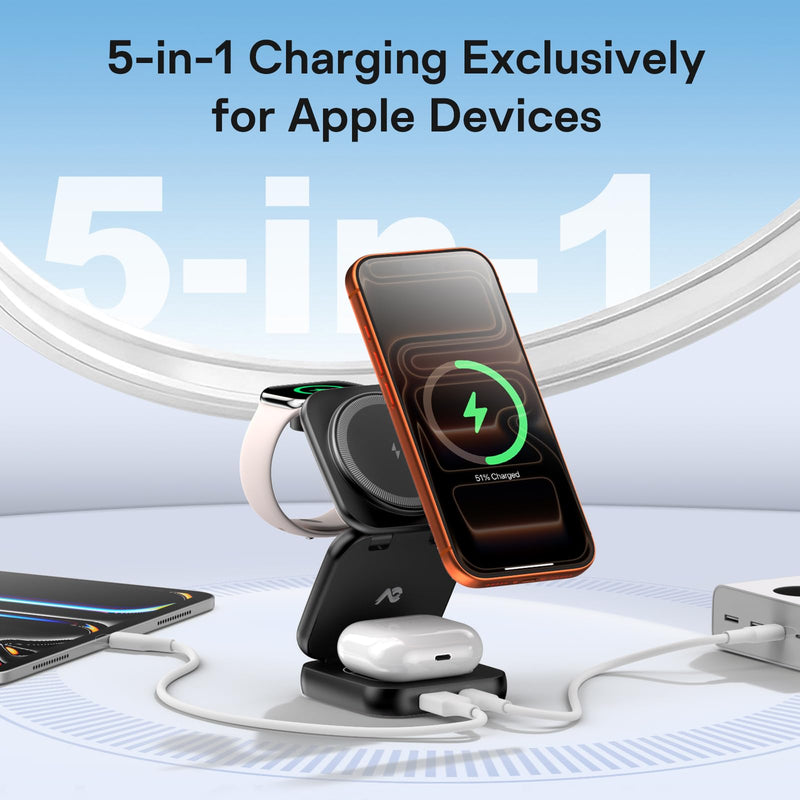 5-in-1 Wireless Charger for MagSafe, AC ISLAND Portable Travel Charging Station, 35W Max Qi2.2 Fast Foldable Magnetic Stand, Evolved for iPhone 17-12 Series, Apple Watch, AirPods (with 35W Adapter) Black