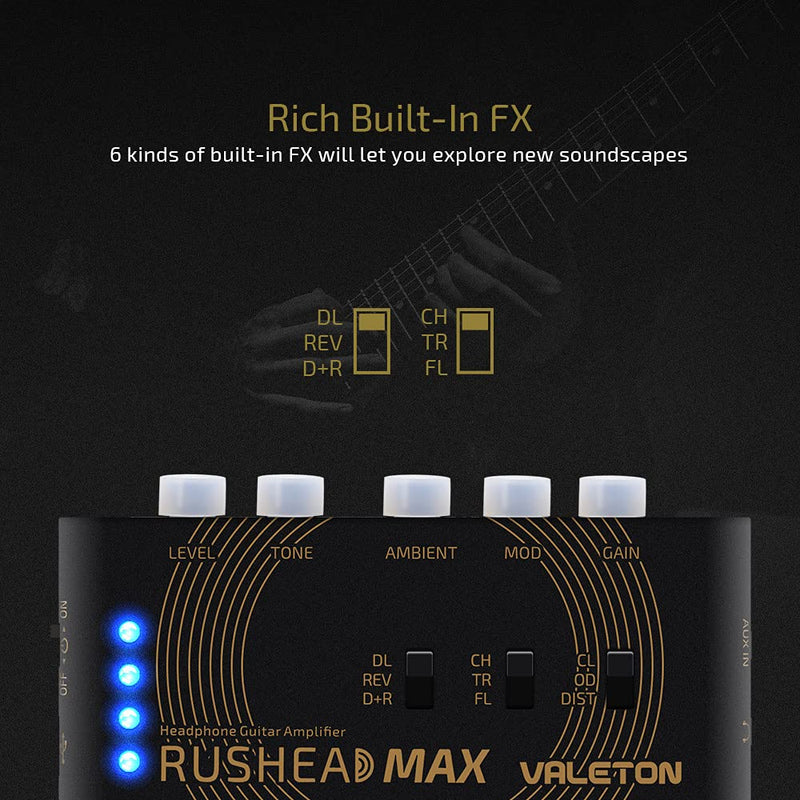 VALETON Guitar Headphone Amplifier Multi Effects Pocket Rechargeable Mini Practice Amplifier Rushead Max (Include 2 Additional Guitar Picks)