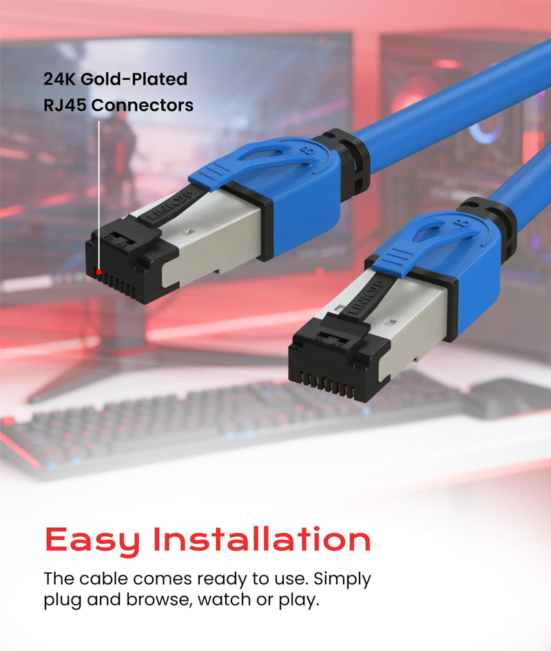 LINKUP 26AWG Cat 8 Ethernet Cable | Flexible High-Speed Patch Cord | 40Gbps 2GHz LAN Cable | RJ45 connectors | Use with Cat 5/ Cat 6/ Cat 7 | Ideal for Gaming & Desktops Blue 50ft