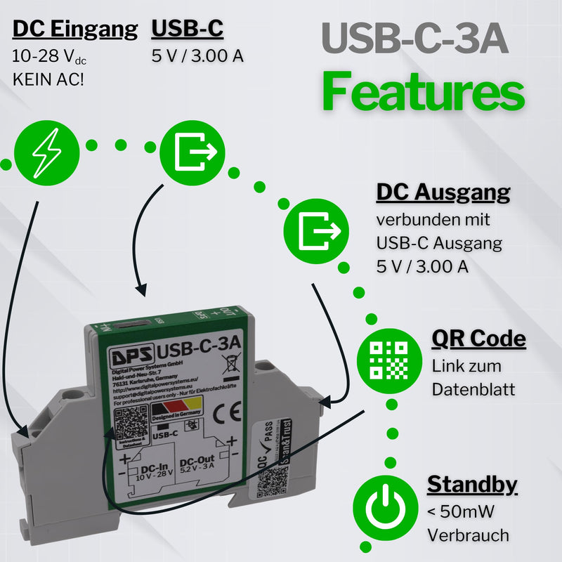 DPS - DIN Rail Power Supply 5 V 3 A 15 W USB-C 10 V-28 V | 5.2 V DC DC USB C Step Down Power Supply for Smart Home, Smart Meter, Tablet, Pi USB-C-3A