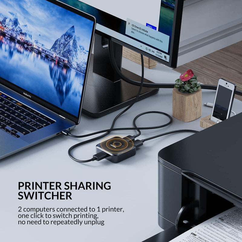 IDsonix USB 3.0 Switch 2 Computers Share 1 Device,1 in 2 Out Or 2 in 1 Out Bi-Directional for Printers/Keyboards/Mice, 5Gbps Plug and Play Switcher, 2pcs A to A 3.3ft Cables,Plastic,Black ABS