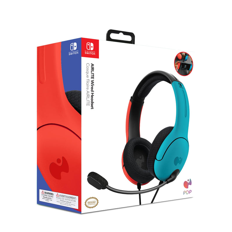 PDP Gaming LVL40 Airlite Stereo Headset for Nintendo Switch/Lite/OLED - Wired Power Noise Cancelling Microphone, Lightweight Soft Comfort On Ear Headphones (Mario Neon - Red & Blue) Blue & Red