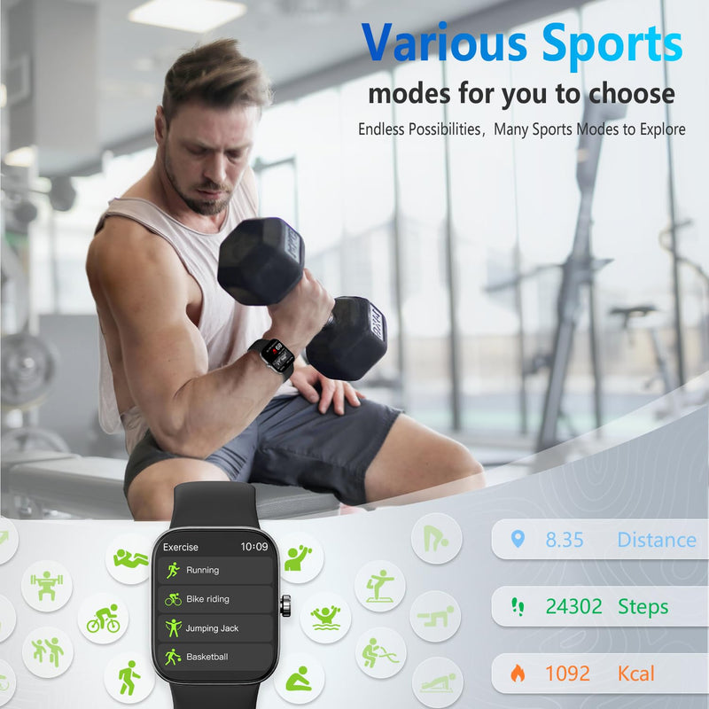 Smart Watch for Men Women, 1.85" HD Touchscreen Fitness Tracker, Bluetooth Notifications/Calls, IP68Waterproof, 140+ Sport Modes, 24/7Heart Rate & Sleep Monitor for iPhone Android iOS Black