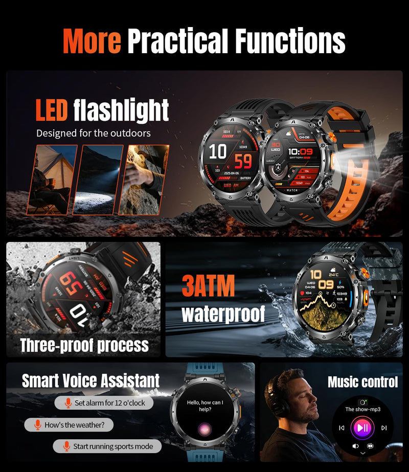 Military Smartwatch for Men with GPS, 850nAh, 1.7-Inch HD Outdoor Watch | 3ATM Waterproof, Answer/Make Call, with LED Flashlight / 100+ Sports Modes / Fitness Tracker, Compatible with Android & iOS Blue tape