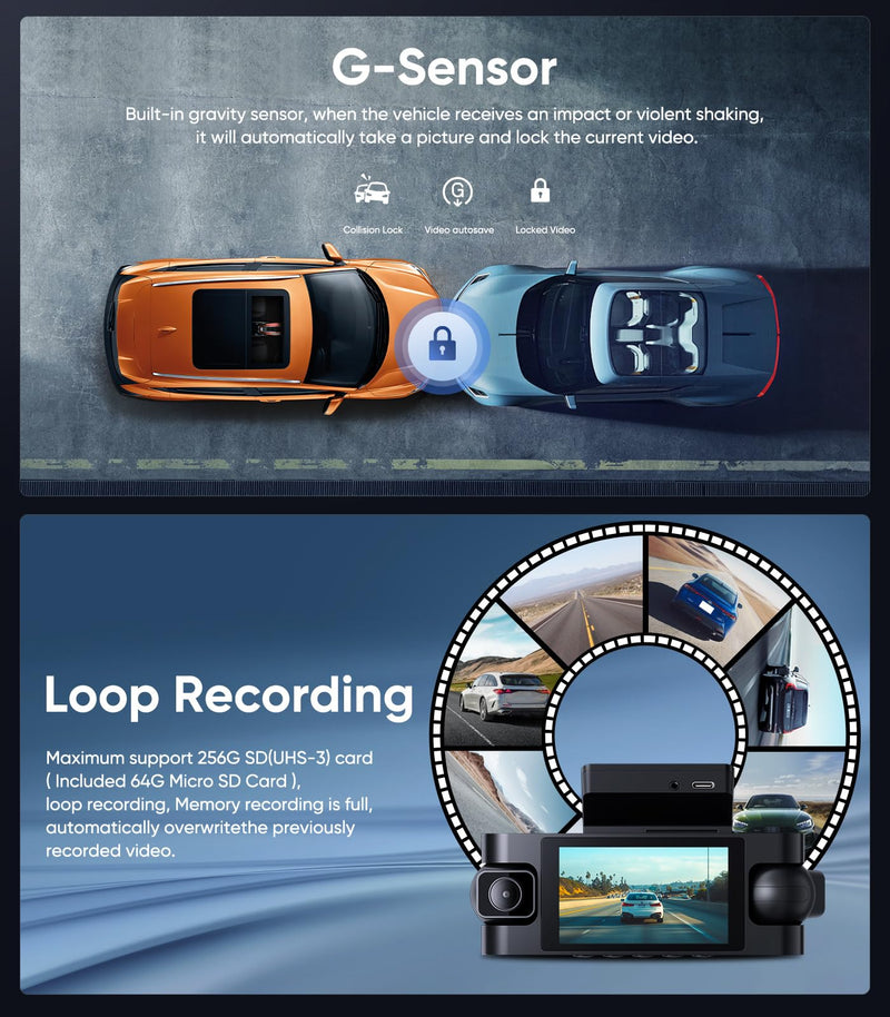 [AUSTRALIA] - AINAVIGO 4 Channel Dash Cam 360° View,1080P Front and Rear Inside, Left Right Dash Camera for Cars, 8 IR Lamps Night Vision,3inch Screen,G-Sensor,Parking Mode 