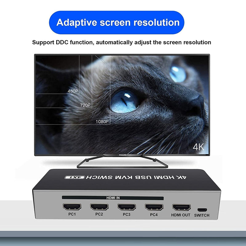 [AUSTRALIA] - UHD HDMI KVM Switch, Max 4K@30Hz Selector Switch, HDMI Switcher 4x1 with 4 USB Ports Peripheral Box Switching Hub,1 Button Switch and 4 Cables, 4 Switching Ways for Option 