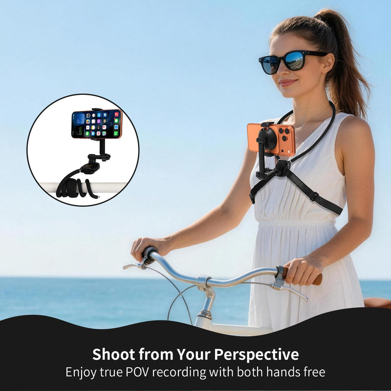 Neck Phone Holder and POV Chest Mount with 1.5m Strap | Magnetic and clip-on mounting for hands-free filming while walking, cooking, hiking or vlogging; fits iPhone 12-17.