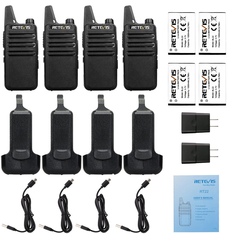 Retevis RT22 Two Way Radio Long Range Rechargeable,Portable 2 Way Radio,Upgrade Type C Handsfree Walkie Talkies for Adults Cruise Hiking Hunting Skiing(4 Pack) Black