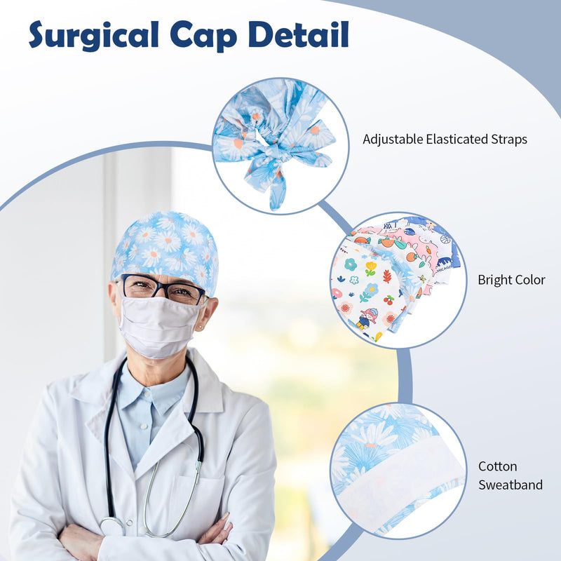 Moxiewell Pack of 6 surgical caps with laces, scrubbing cap, printed hat with button and cotton sweatband, adjustable, full hair cover, unisex doctor cap, multicoloured, 53