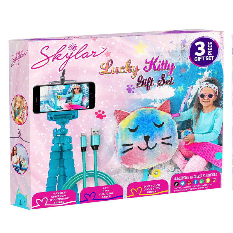 3-Piece Smartphone Accessory Kit for Kids – Flexible Tripod, 6ft. Charging Cable, Plush Cat Carrying Case (Lucky Kitty) – Vlogging, Influencer Kit for Kids Lucky Kitty Pouch