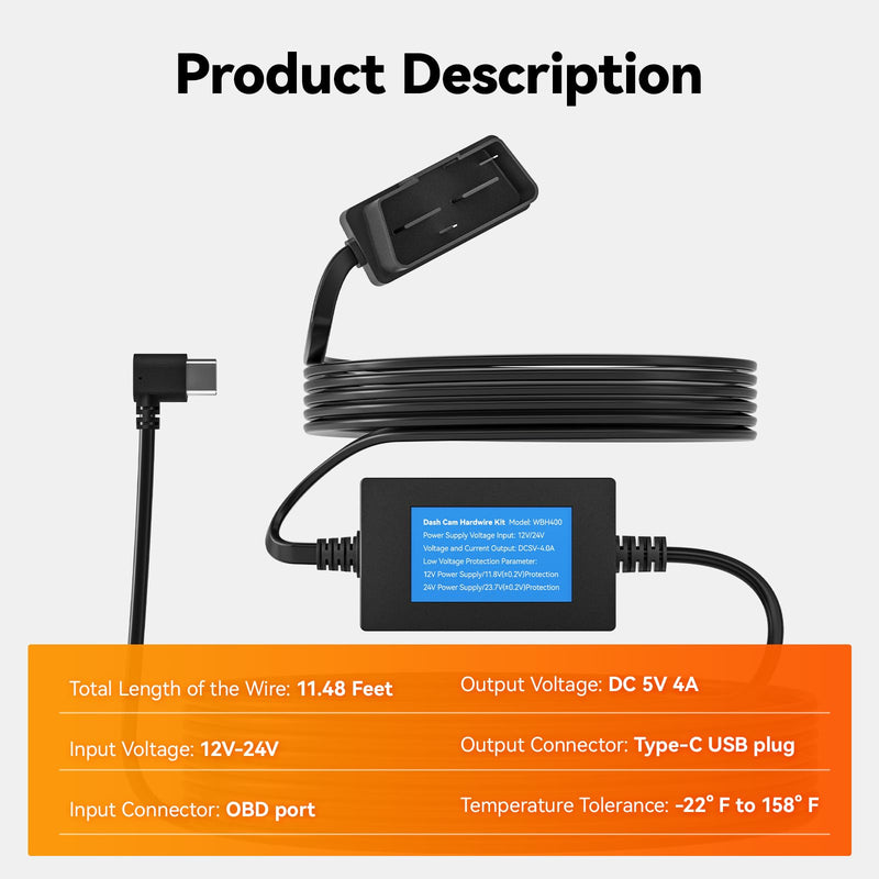 [AUSTRALIA] - WOLFBOX USB C 4A OBD Hardwire Kit 11.48ft for All WOLFBOX Dash Cams, Converting 12V-24V to 5V, with Battery Drain Protection 