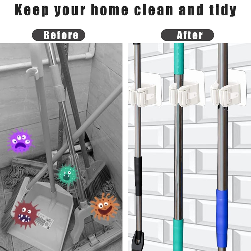 8 Pack Self Adhesive Mop Holder Wall Mounted Organizer Clip Broom Clips No Drilling for Bathroom Kitchen Office Closet Garden Garage Utility Room Tool Rack Storage - White