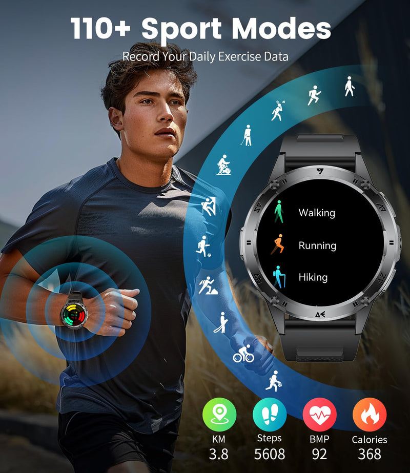 LIGE Military Smart Watch for Men iPhone Android 1.43" HD Amoled Rugged 120+ Sport Modes IP68 Waterproof Answer/Make Call Fitness Running Heart Rate Blood Pressure Health Mens Smartwatch EF6-E Gun Black Black