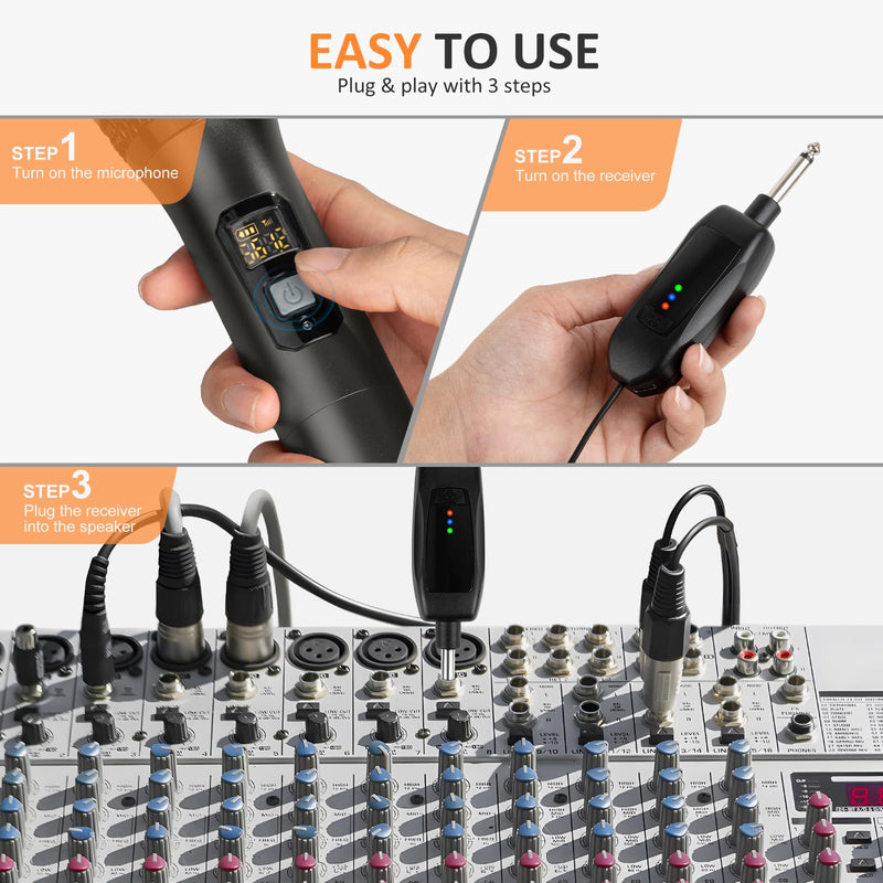 Soundgeek Wireless Microphone UHF Metal Dual Handheld Mic with Rechargeable Receiver 200ft Range, Microphone for Singing, Karaoke, Church, Speech, Wedding, Party Singing (1 Mics, Gray) 1
