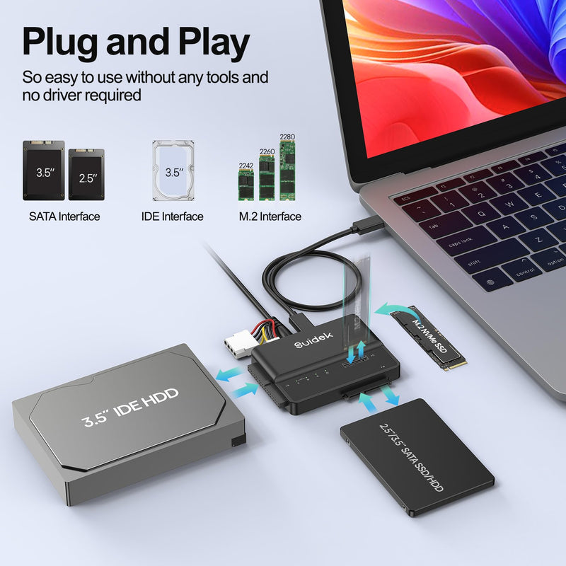 SUIDEK M.2 NVMe to SATA/IDE Adapter, USB 10Gbps Hard Drive Reader Tool Free | PCIe NVMe, SATA and IDE Adapter, M2 SSD Enclosure for M.2 (M Key&M+B Key) Any Sizes, 2.5/3.5" SATA SSD/HDD and 3.5" IDE HDD Black-M.2+SATA+IDE