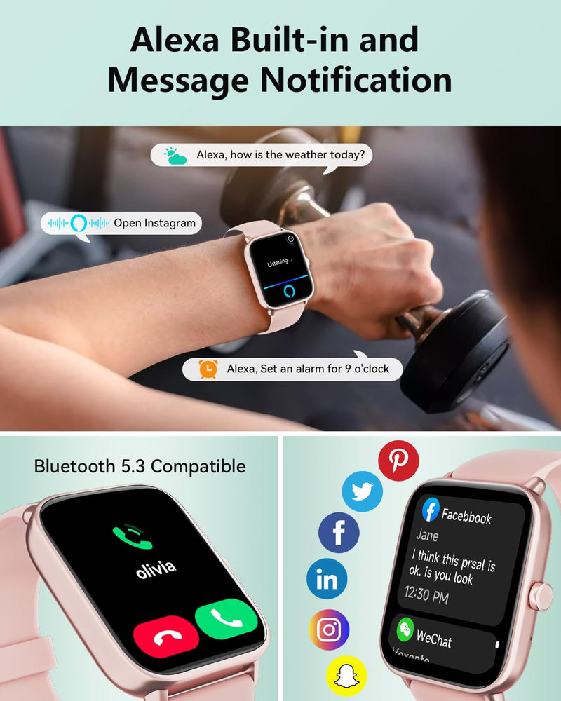 Smart Watch for Women Men, 1.85" HD Fitness Tracker for iPhone Android, Heart Rate/Sleep Monitor, Alexa Built-in, Bluetooth Calls & Text Alerts, 100+ Sports Modes, IP68 Waterproof