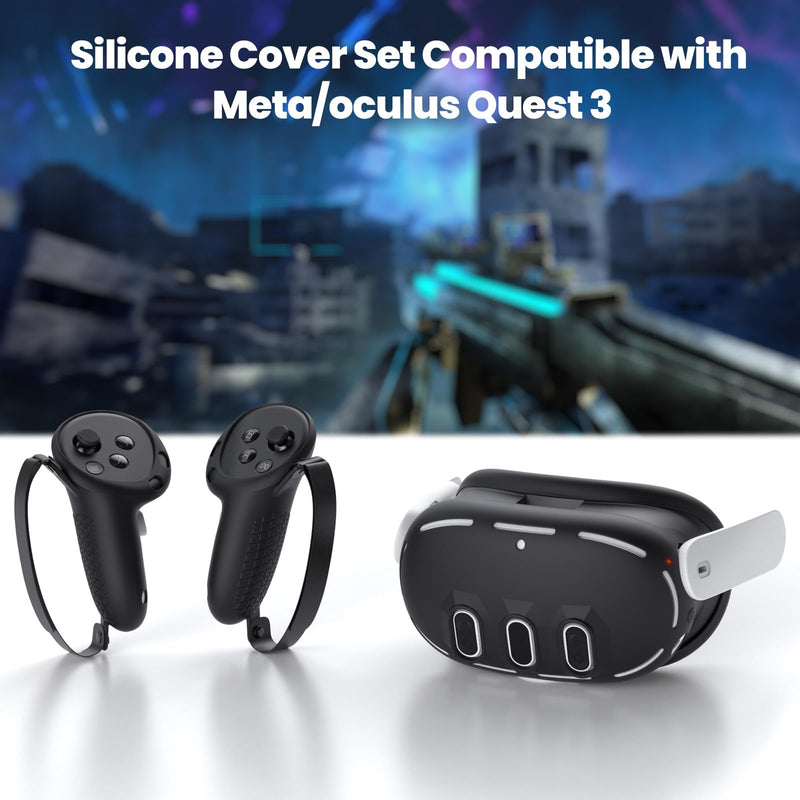Silicone Cover Compatible with Meta/Oculus Quest 3 Accessories, VR Silicone Face Cover, VR Shell Cover,Touch Controller Grip Case,Camera Lens Protector Set (Black) Black
