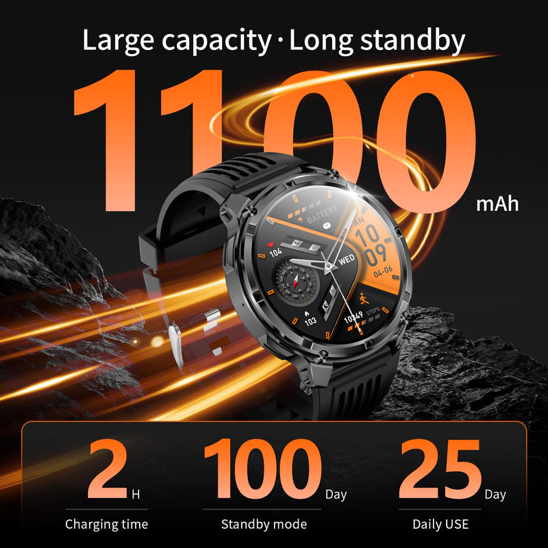 Mens Smart Watch for Android Phones and iPhone,Military Sport Smart Watches for Men Fitness Tracker Watch with Flashlight/Compass/Waterproof/100 Days Battery/Heart Rate/Sleep/100+ Sport Modes Black