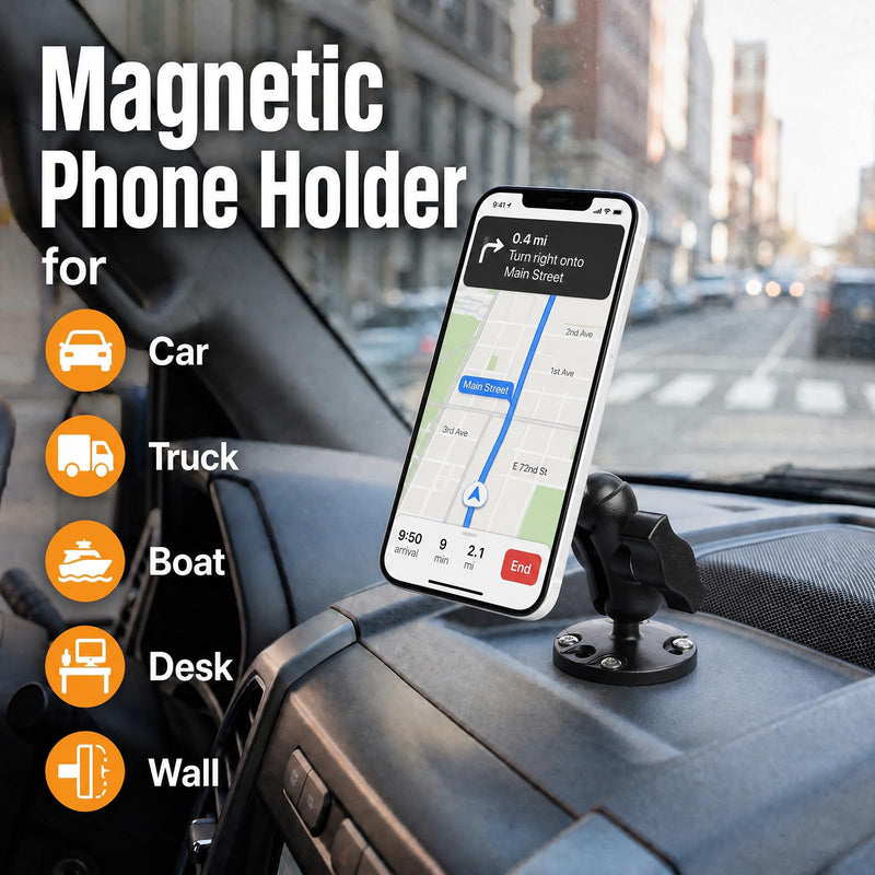 1" Ball Magnetic Phone Mount for Boat/Truck/Car, Aluminum Alloy Short Arm & Base, Double Ball Joint, Screw-Mounted AMPS Round Base Phone Holder for Magsafe iPhone 17 16 15 14 13 12 Series Total length 5"