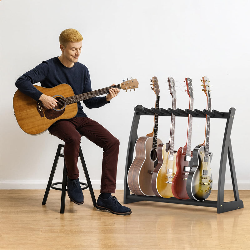 Multi Guitar Stand Heavy Duty - Wood Floor Stand for Electric Guitar and Bass, Adjustable Non-Slip Guitar Rack, Holds Multiple Guitars & Basses (Electric Guitar Stand, Bass Stand, Wood Guitar Stand) Black