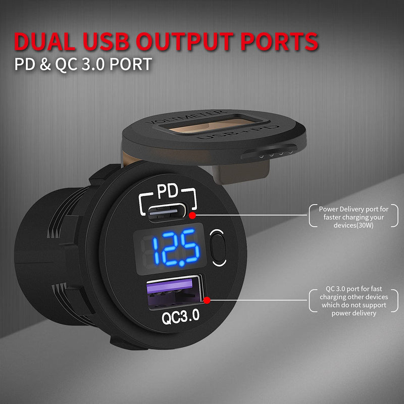 DaierTek 3 pcs Lighted Car Cigarette Lighter Socket and 3 pcs PD Type C USB Charger Socket