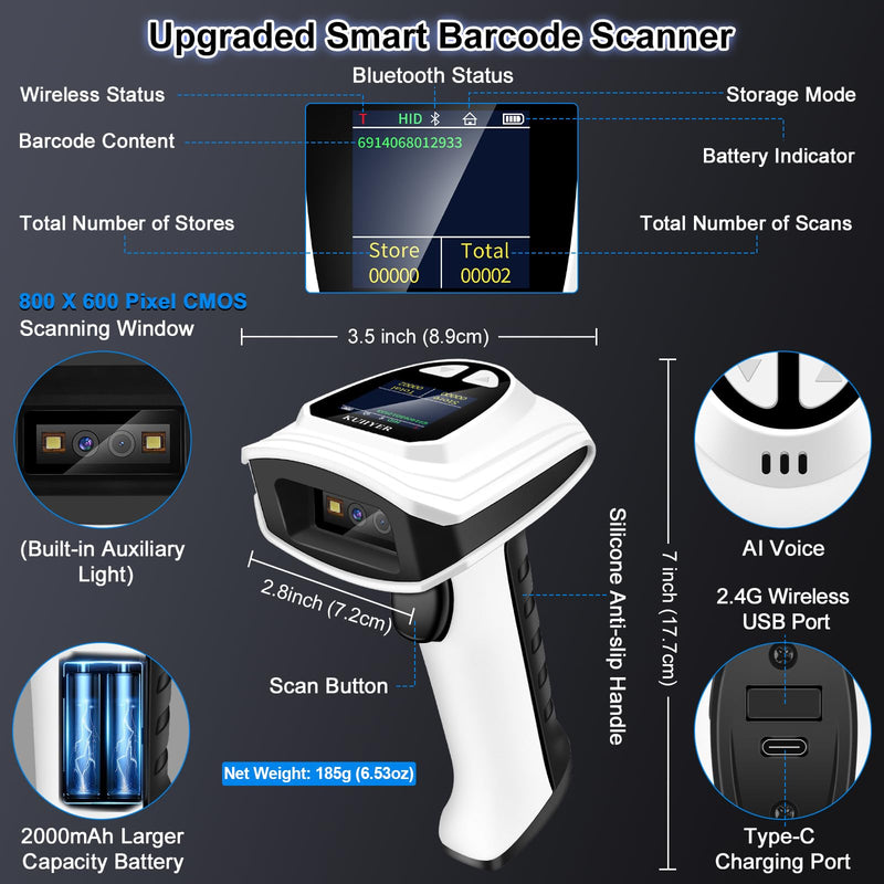 [AUSTRALIA] - KUIIYER 1D QR 2D Barcode Scanner, Bluetooth Wireless Bar Code Scanners with Setting Keypad & LCD Screen Display & AI Voice, Handheld Barcode Reader for iPhone, Android, iPad, Tablet, Computers & POS Bluetooth Barcode Scanner 
