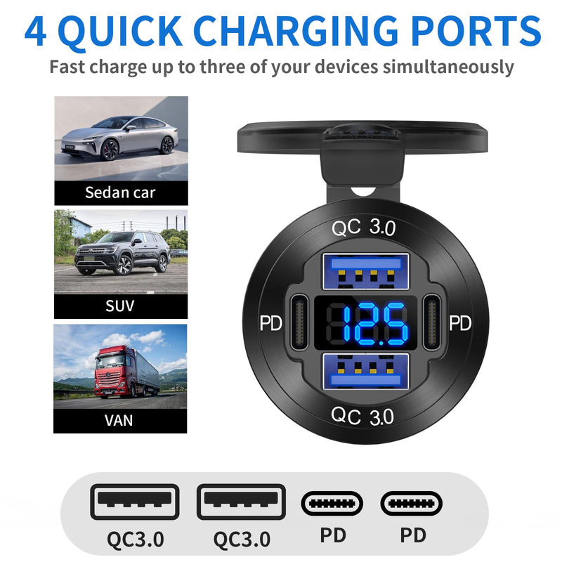 2 Pack 12V USB Outlet 4 Port Car Charger Socket, 78W Dual PD USB C and Dual Quick Charge 3.0 Port Aluminum Charger with Voltmeter DIY Kit Waterproof for Car Boat Marine Motorcycle RV ATV Truck, etc Pack of 2