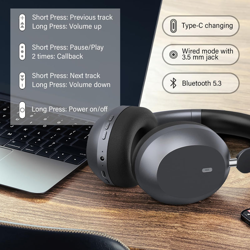 Y05 Bluetooth Headphones Wireless Over Ear with Microphone 48 Hours Playtime, High Sound Quality Foldable Soft Earpads Earphones for Travel - Space Grey
