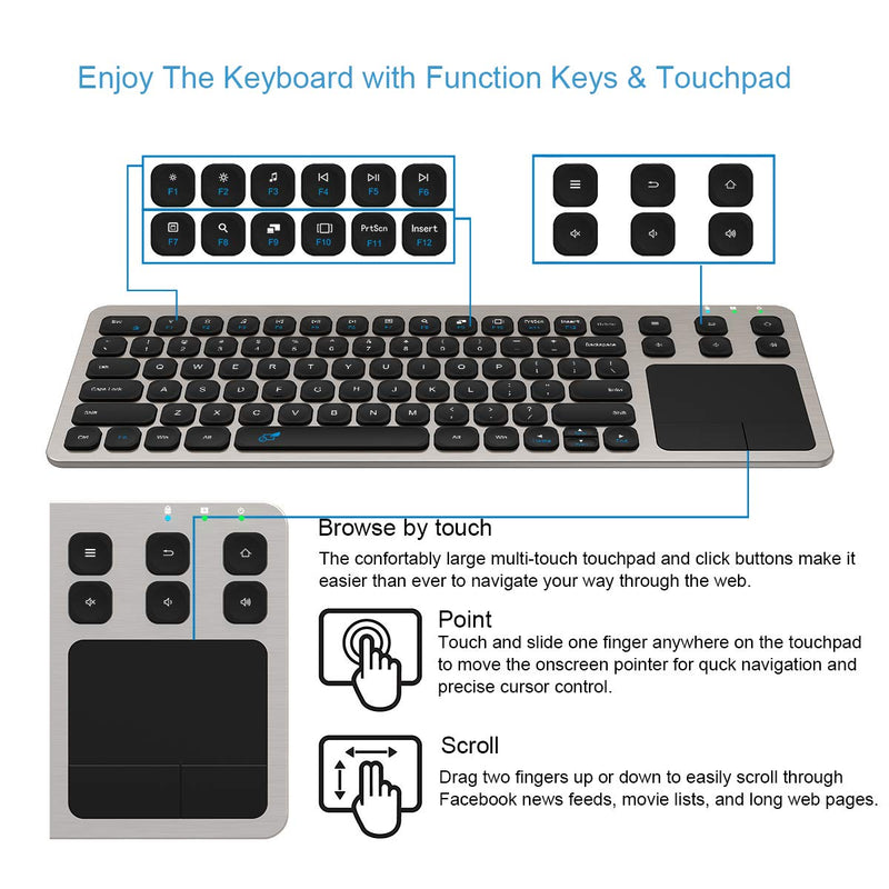 Wireless Keyboard, Arteck 2.4G Wireless Touch TV Keyboard with Easy Media Control and Built-In Touchpad Mouse Solid Stainless Ultra Compact Full Size Keyboard for TV-Connected Computer, Smart TV, HTPC