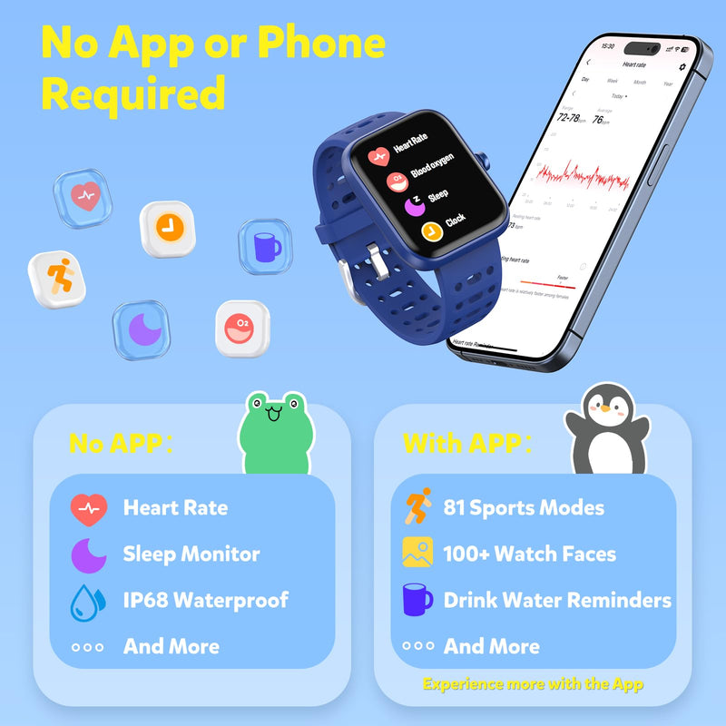 Gydom Smart Watch for Kids, Without/with APP Mode, 1.83" Touchscreen Fitness Tracker Watch, Heart Rate/Sleep Monitor, IP68 Waterproof Pedometer, Puzzle Games for Girls Boys Teens 5-16, 81 Sport Mode