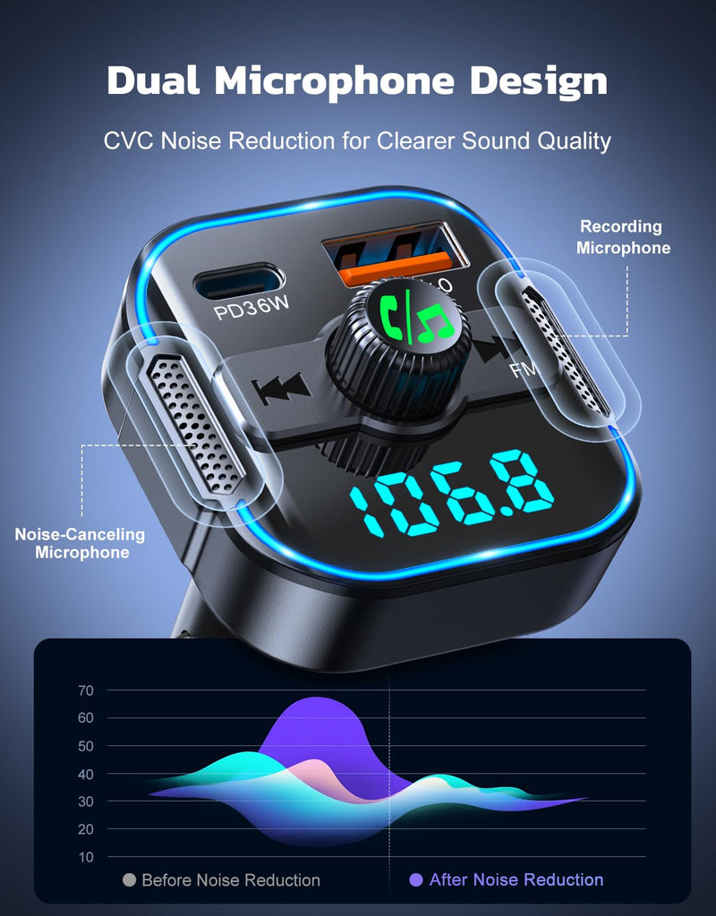 [AUSTRALIA] - RIWUSI Bluetooth 5.3 Car Adapter【PD 36W+QC3.0 18W】, 2-in-1 FM Bluetooth Transmitter 【Dual Stronger Mics】& Fast Car Charger, Wireless FM Radio Adapter Hands-Free Calling, Siri Assistant, Black 