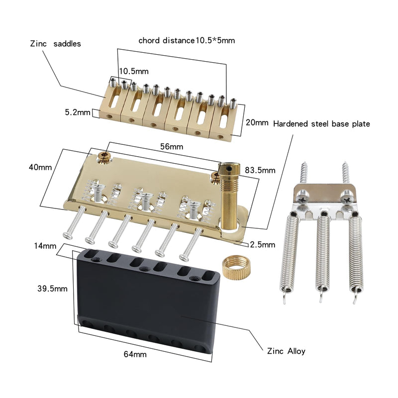 10.5mm Electric Guitar Bridge Zinc Alloy Saddles Block Stainless Steel Plate 6 String 2 Point Tremolo Bridge Compatible with Stratocaster Strat Electric Guitar Replacement Parts Gold