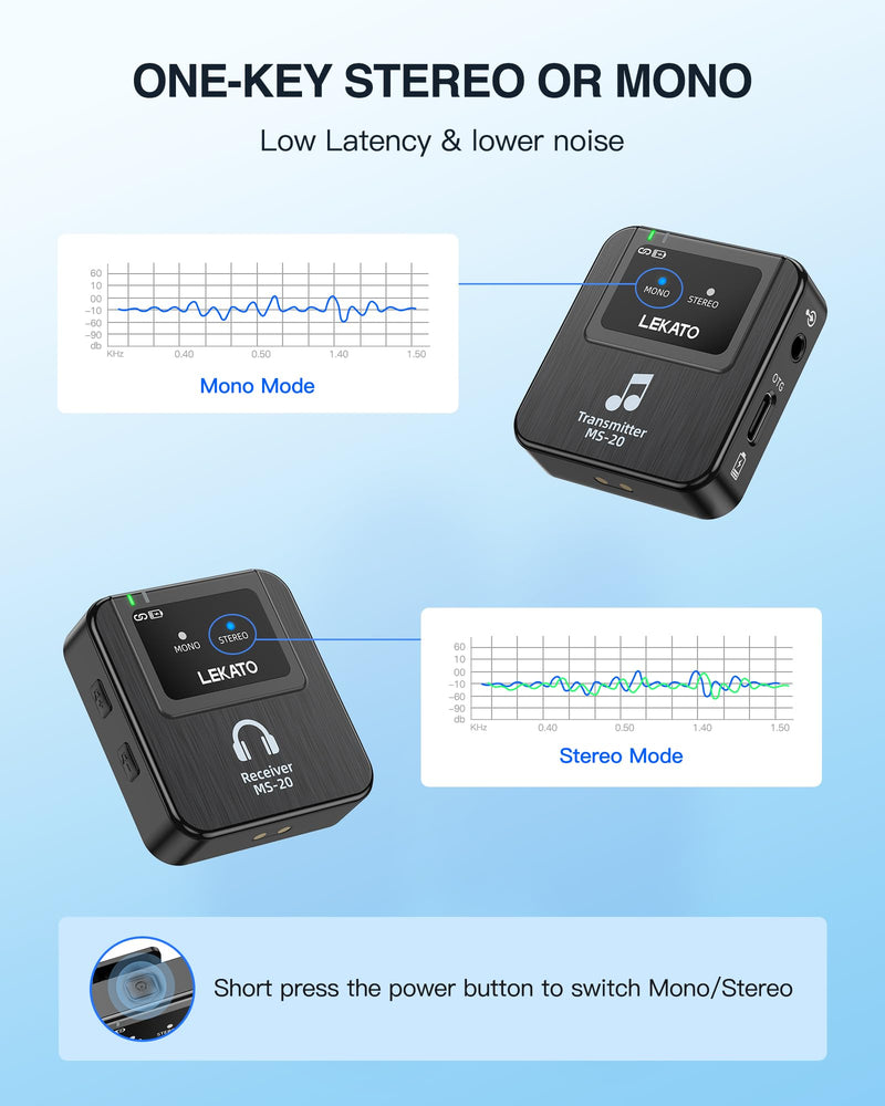 LEKATO Wireless in-Ear Monitor MS-20 Charging, 30H Battery Life with Box, 2.4G IEM System 1Transmitter 2 Receivers Auto-Pairing,OTG Support,One to More, in-Ear Monitoring for Studio,Live,Singer,Band Black