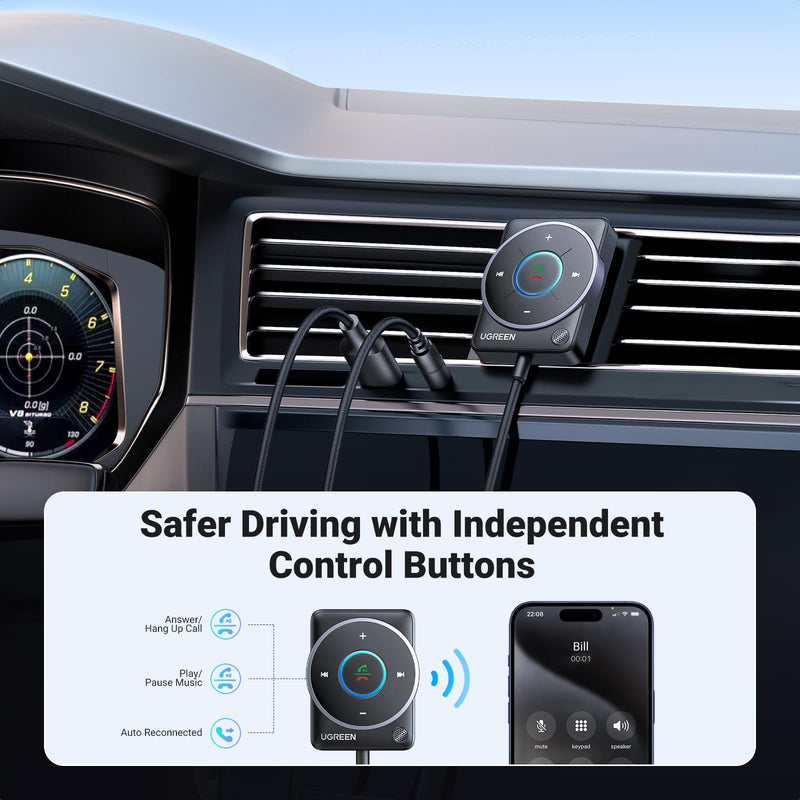 UGREEN 2024 Latest Bluetooth 5.4 Aux Car Adapter, [Enhanced Connection & Noise Cancellation], Bluetooth Aux Receiver with Nylon Braided Cable, Plug & Play for Car Music/Hands-Free Calls/Stereo Audio